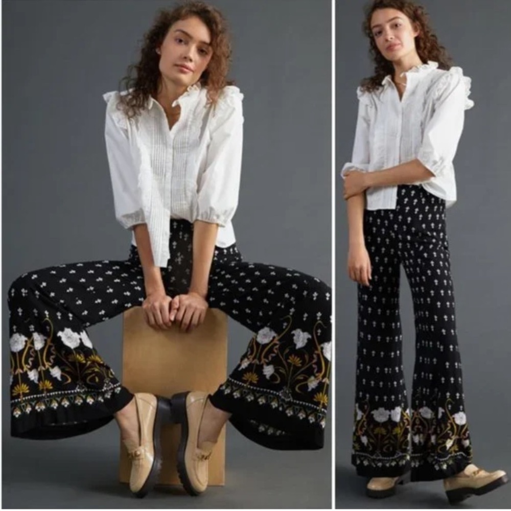 By Anthropologie floral wide leg pants black 22638